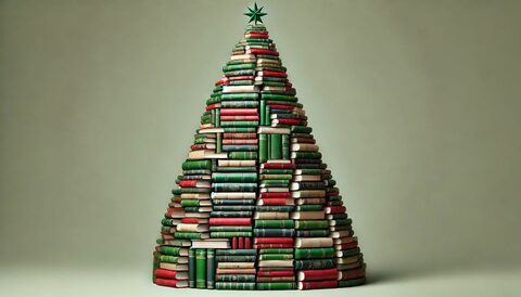 Sapin de Noël constitué de livres.